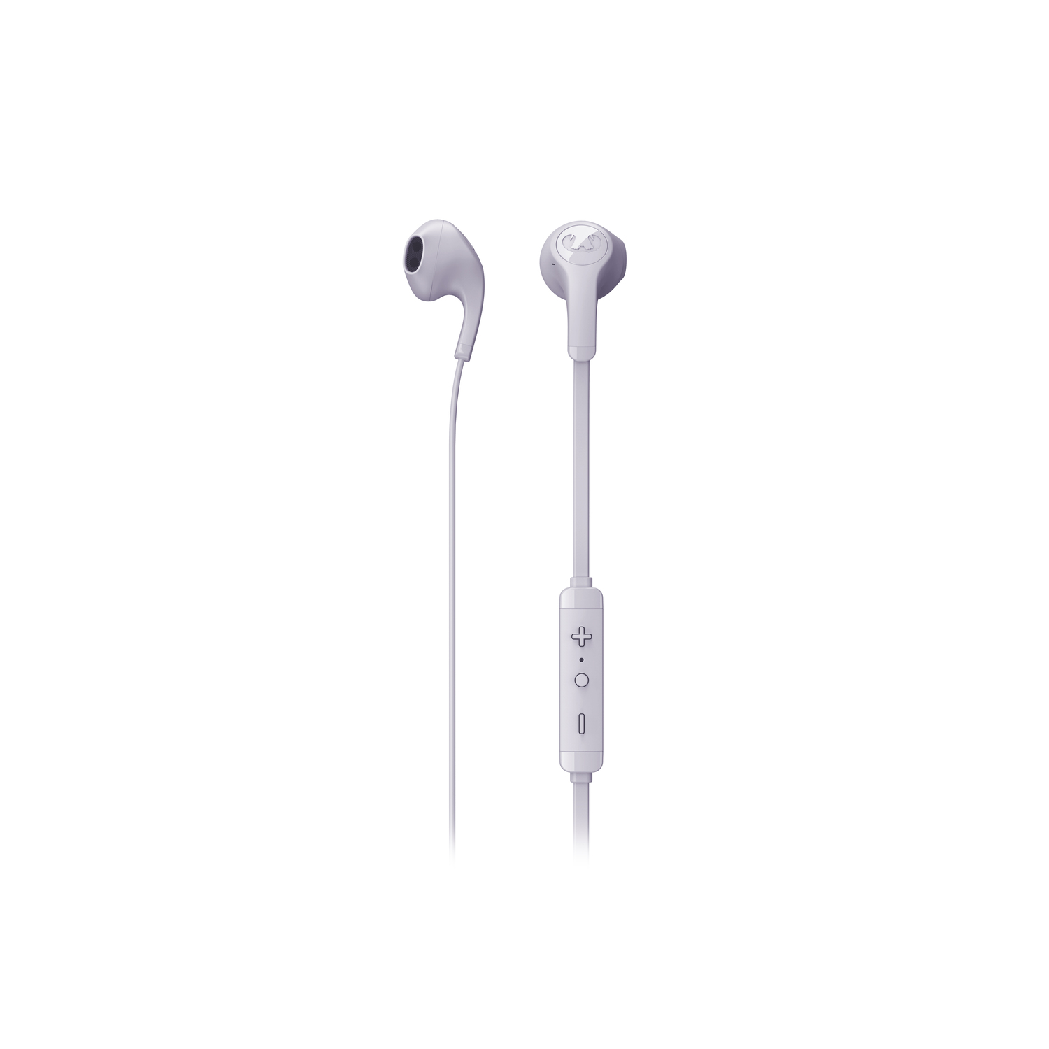 Two light gray earbuds with a control button. The cable is white, background is white.