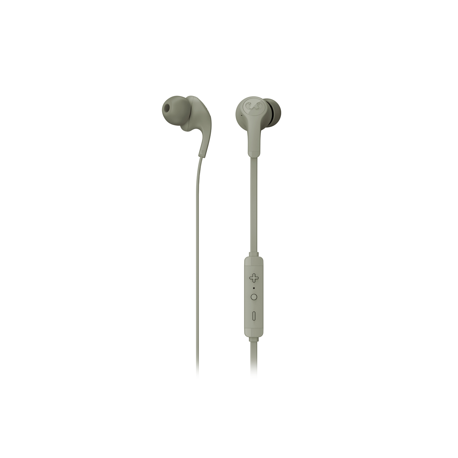 Twee grijze bedrade oordopjes met een bedieningspaneel op de draad.