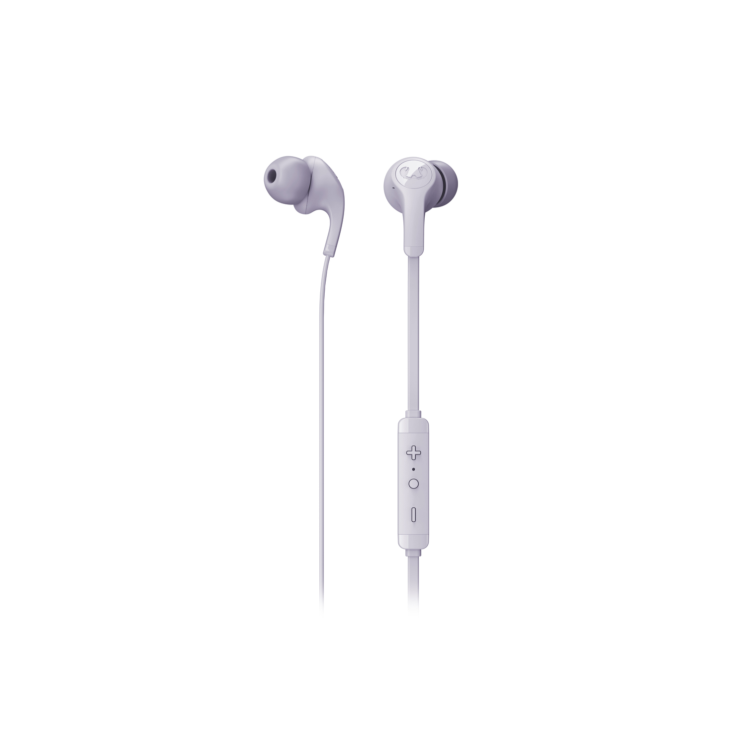Lichtpaarse in-ear oortelefoons op witte achtergrond. Enkele oortelefoon en bediening zichtbaar.