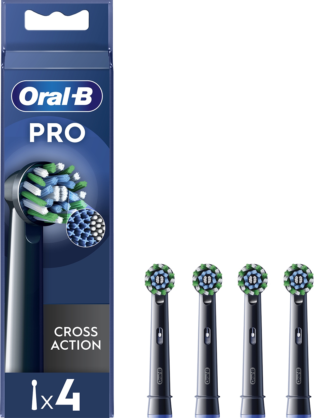Oral-B Pro Cross Action fogkefe fejek. Csomag balra, négy fej jobbra. Zöld-fehér csíkos háttér.