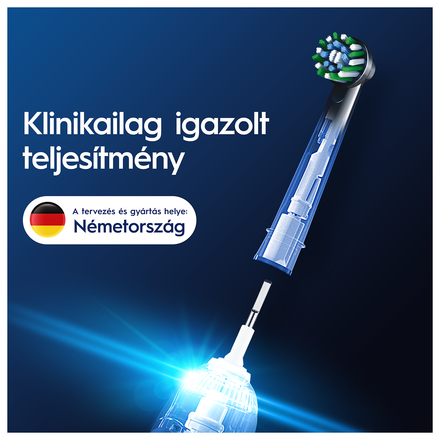 Egy Oral-B fogkefefej, metszeti nézettel, amely a belső működést mutatja, és magyar nyelvű szöveggel.