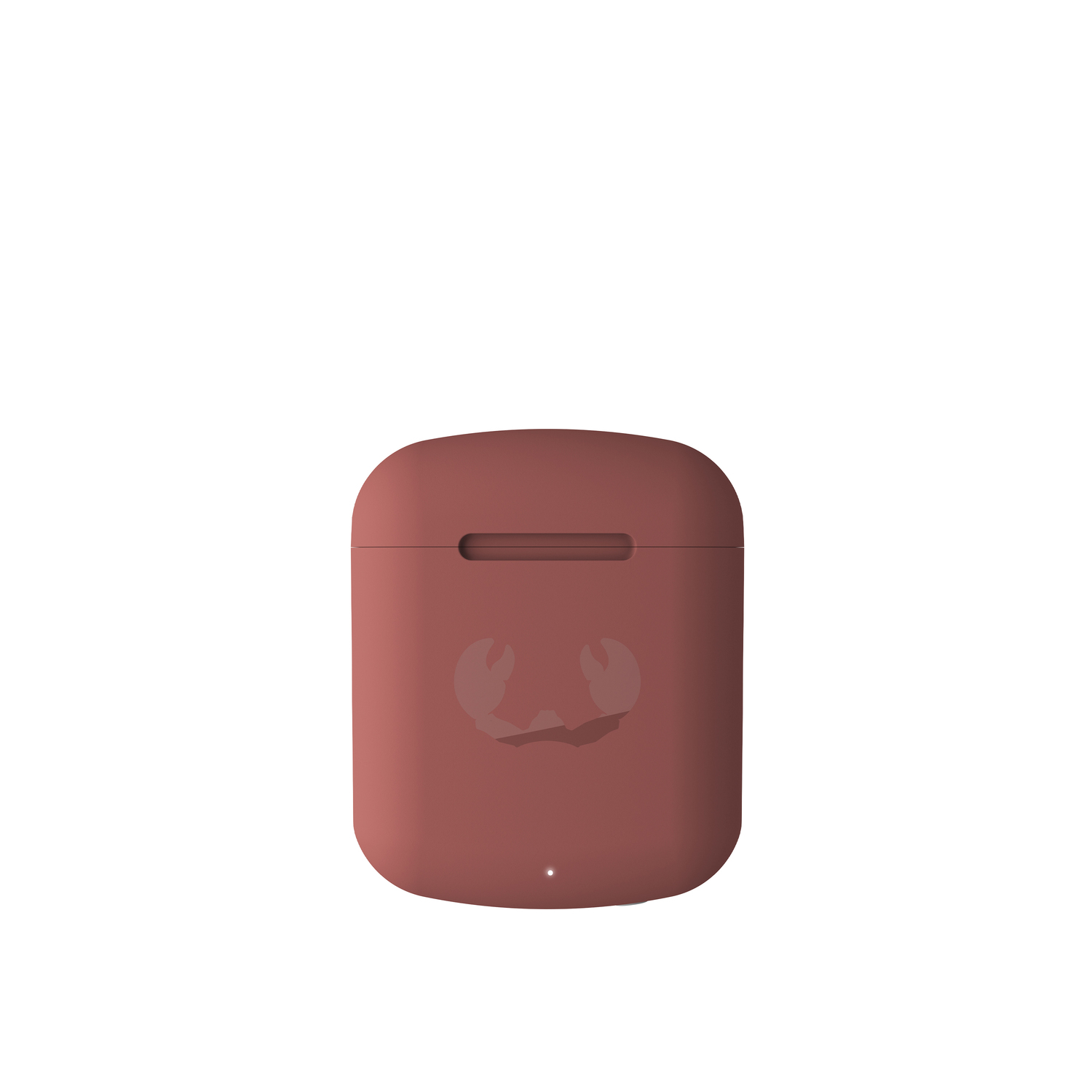 Un étui AirPods bordeaux avec le logo crabe sur fond blanc.