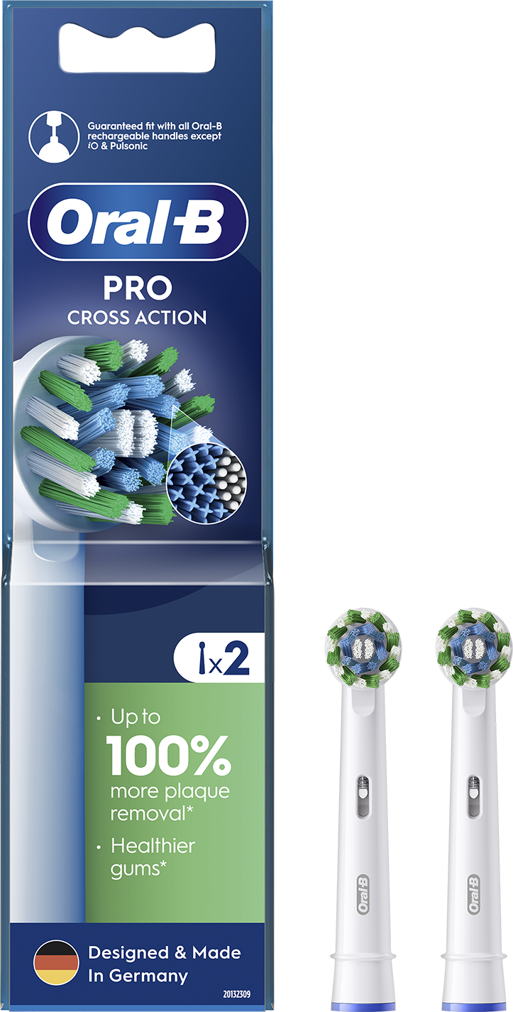 Oral-B Pro Cross Action fogkefe fejek a csomagolásban, két fej látható.