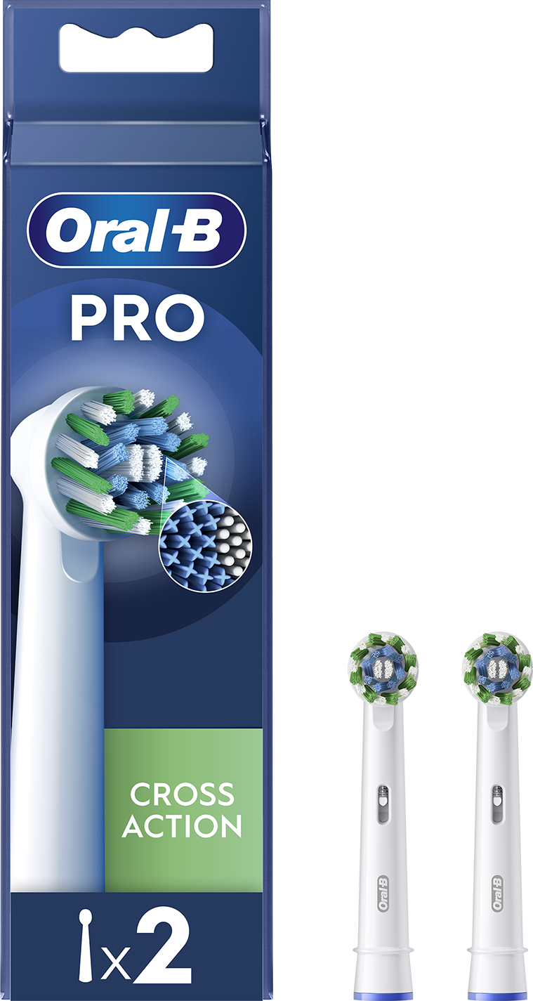 Oral-B Pro Cross Action fogkefefejek a csomagolásban. Két további fej látható a csomagolás mellett.