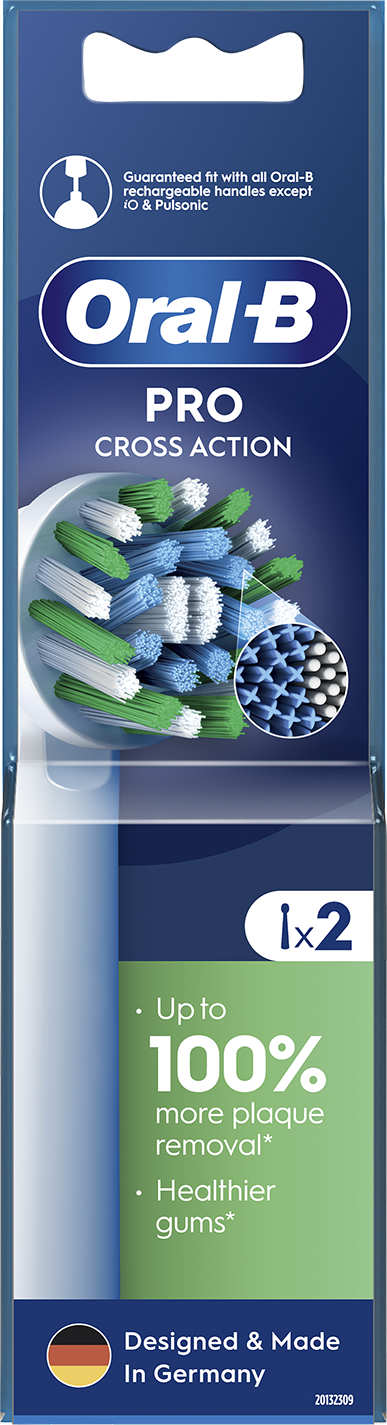 Oral-B Pro Cross Action fogkefe fejek egy csomagban, a lepedék eltávolításáról szóló szöveggel.