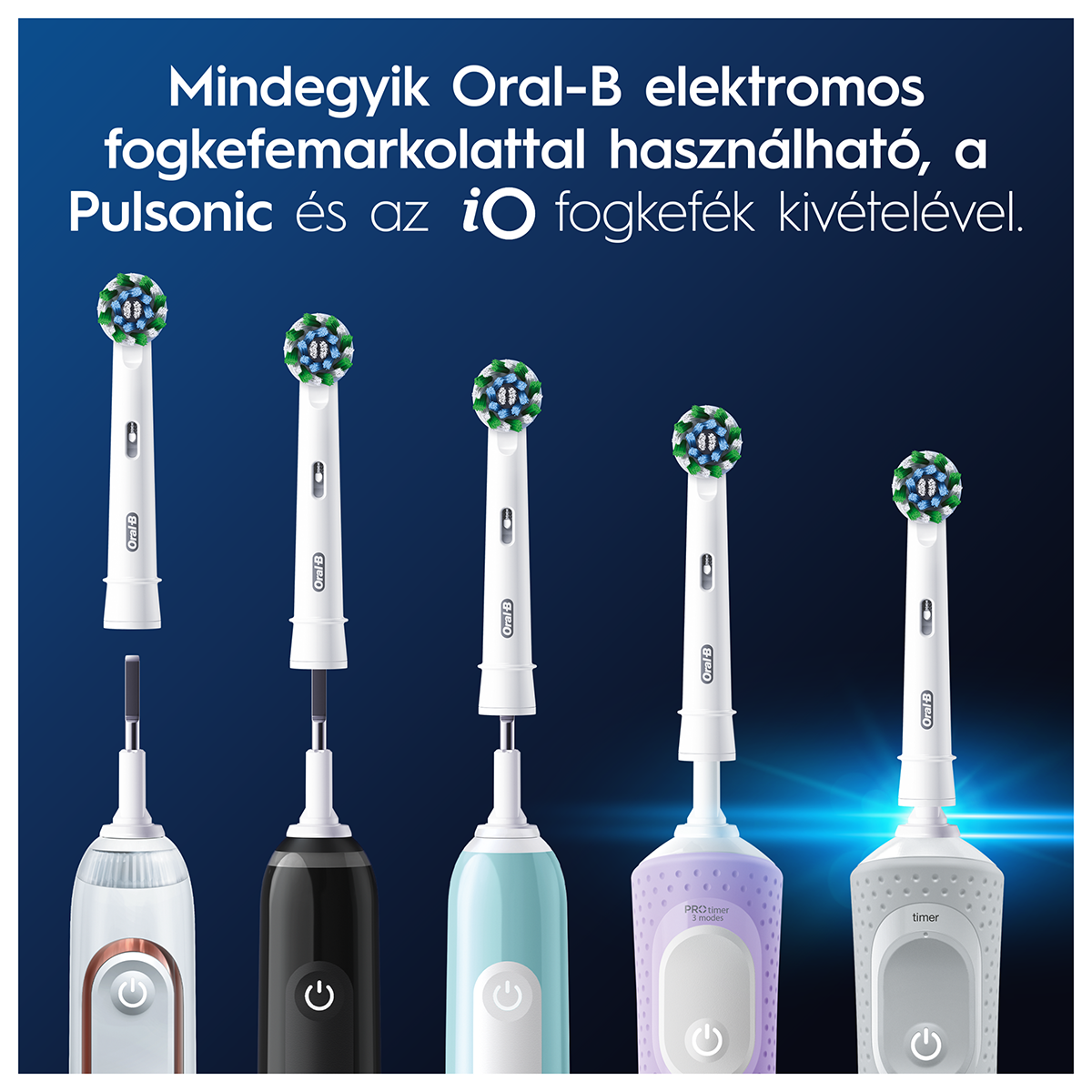 Különböző Oral-B elektromos fogkefefejek és fogantyúk sötétkék háttér előtt.