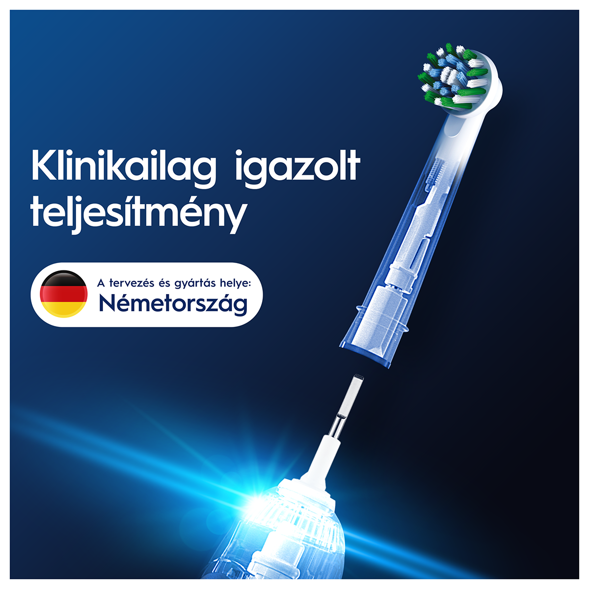 Oral-B elektromos fogkefe, keresztmetszet látható, német szöveg, kék fény, fehér háttér.