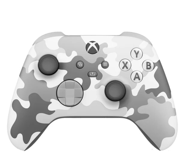 Biało-szary kontroler Xbox z kamuflażem. Przyciski to A, B, X, Y i logo Xbox.