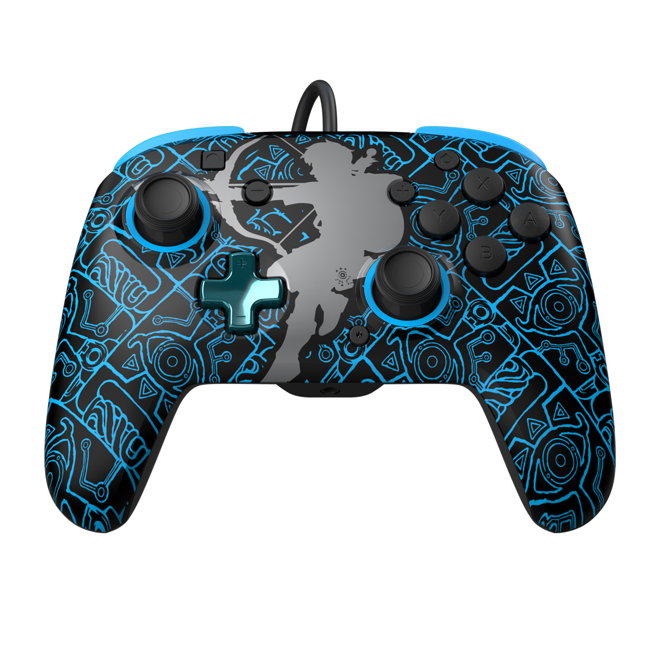 Schwarz-blauer Videospiel-Controller mit Muster, mehreren Knöpfen und einer Mittelfigur.