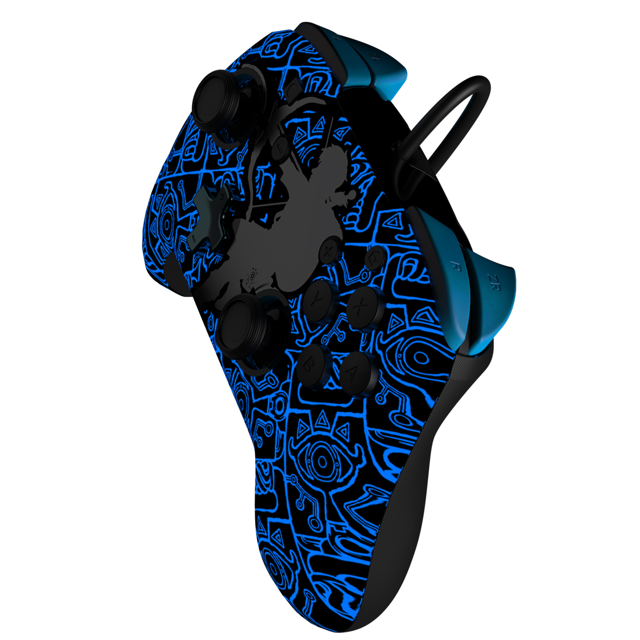 Schwarzer und blauer Gamecontroller mit Design. Es hat Knöpfe, Joysticks und eine Schlaufe.