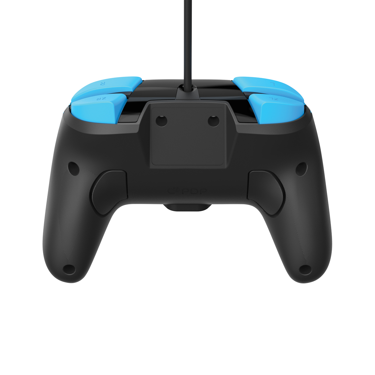 Schwarzer Gamecontroller von hinten, mit blauen Knöpfen.