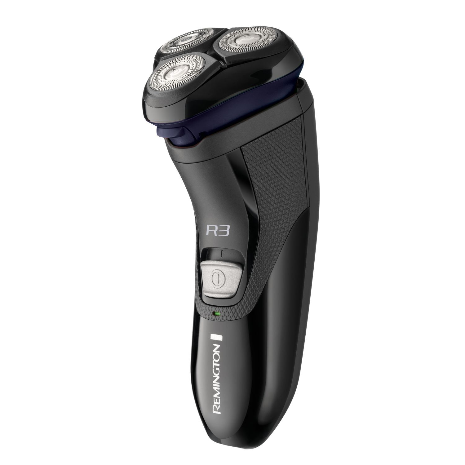 Zwarte Remington R3 elektrische scheerapparaat met drie roterende koppen en knop.