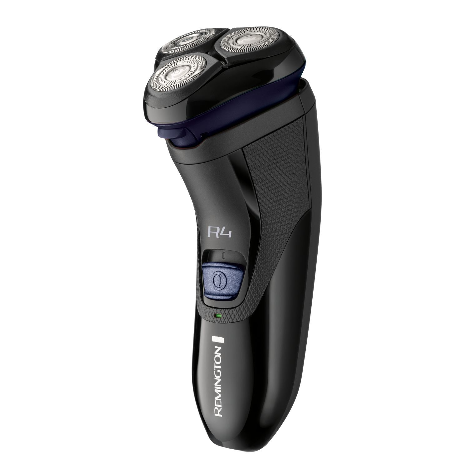 A black Remington R4 electric shaver. It has three rotating heads, a power button, and a green light.
