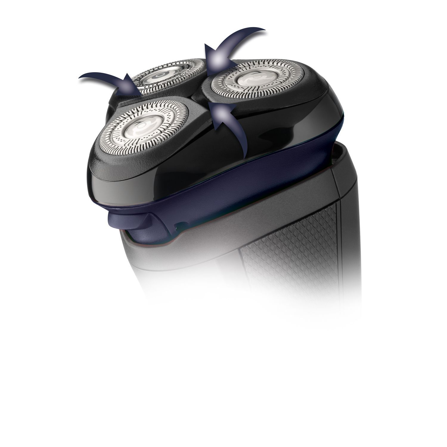 Close-up of a black electric shaver head with three rotating blades and arrows.