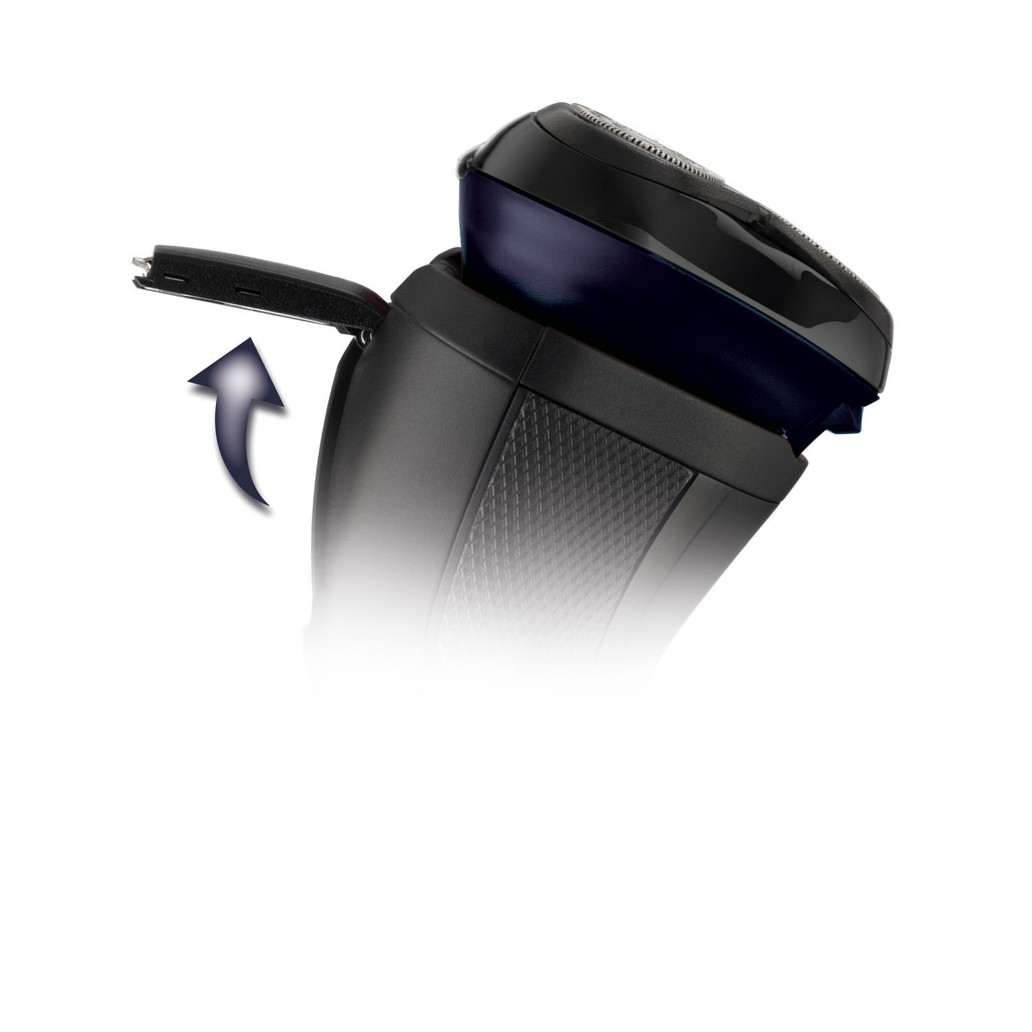 Black electric shaver with trimmer extended. Arrow showing trimming direction.