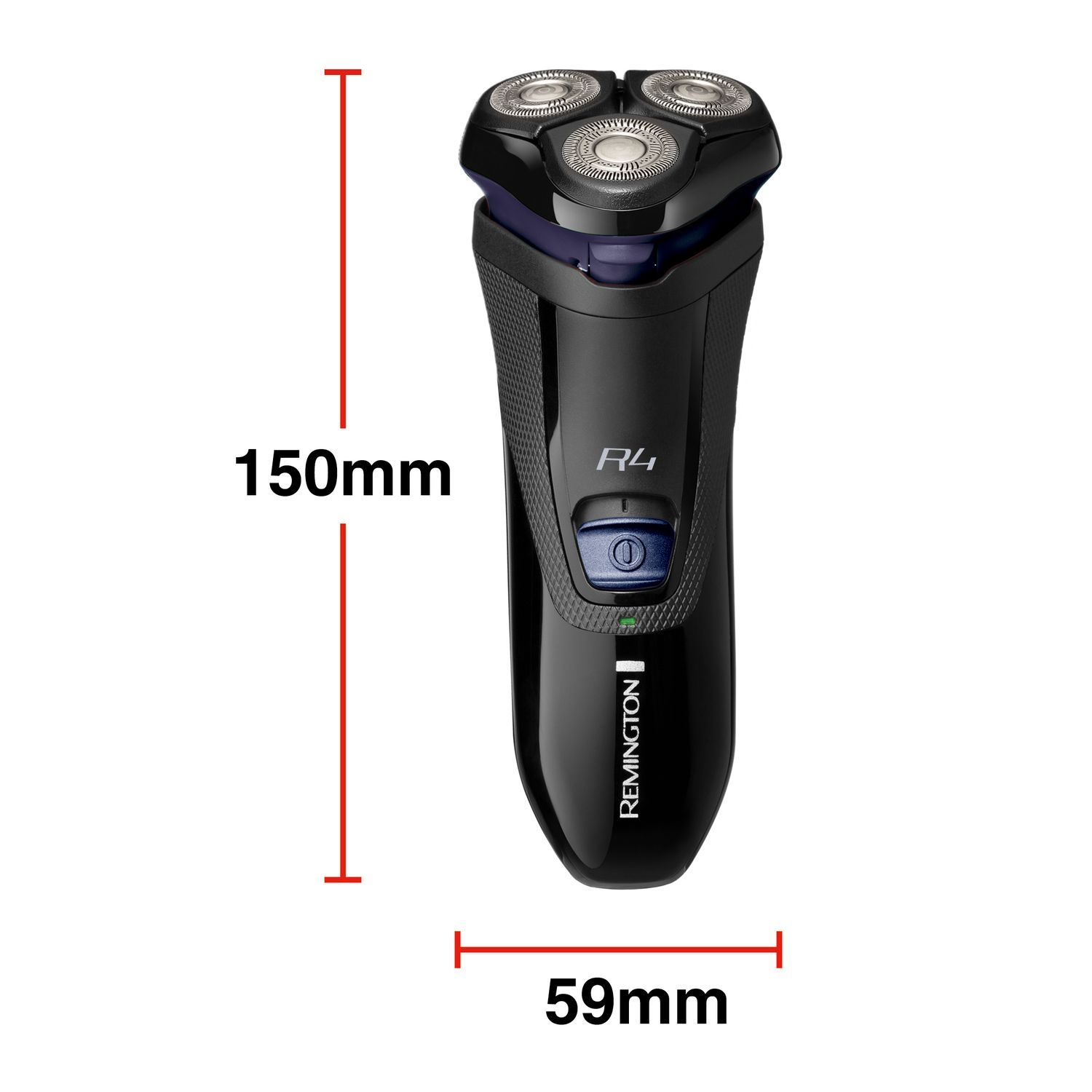 Black electric razor with three heads, and dimensions in millimeters.