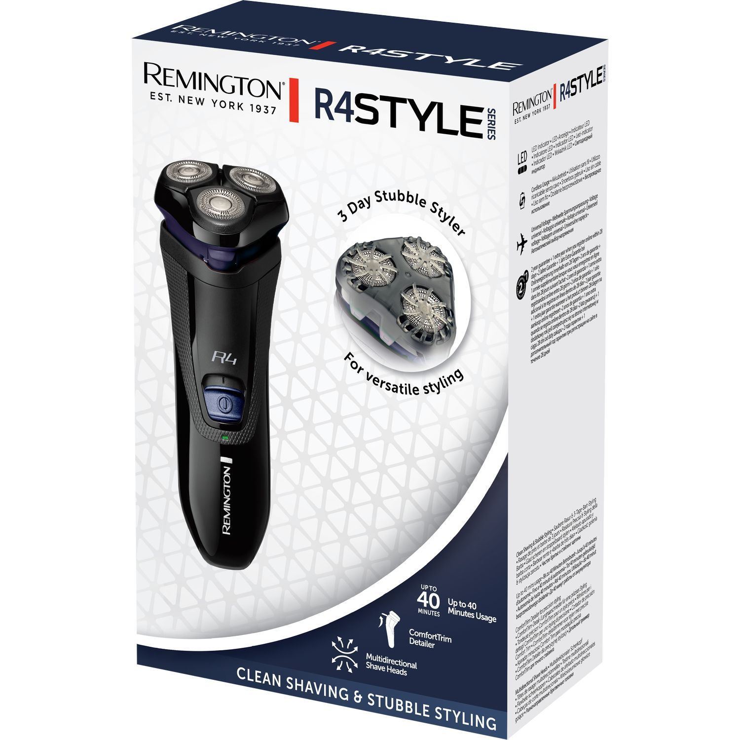 Remington R4 Style electric shaver box, featuring the shaver and stubble styler, white background.