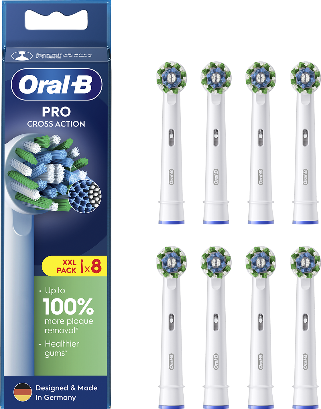 Oral-B Pro Cross Action fogkefe fejek doboza. A doboz 8 fejet, kék és zöld sörtéket tartalmaz, és kék színű.