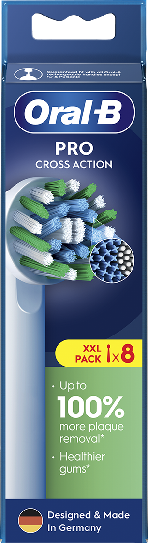 Egy Oral-B fogkefefej csomag. A csomag a fejet mutatja, kék és zöld sörtékkel, és szöveggel.