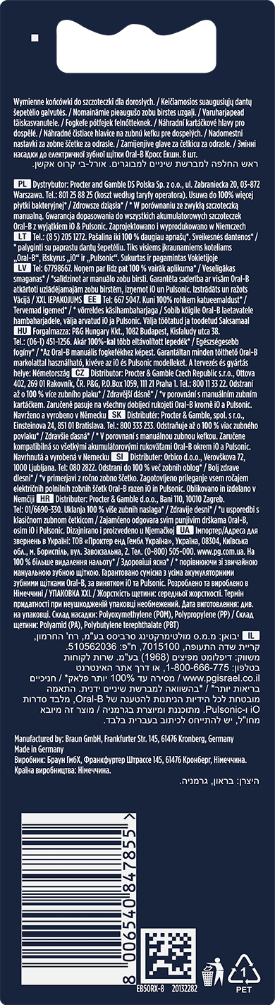 Kék-fehér termékdoboz hátulja több nyelven felirattal és vonalkóddal az alján.