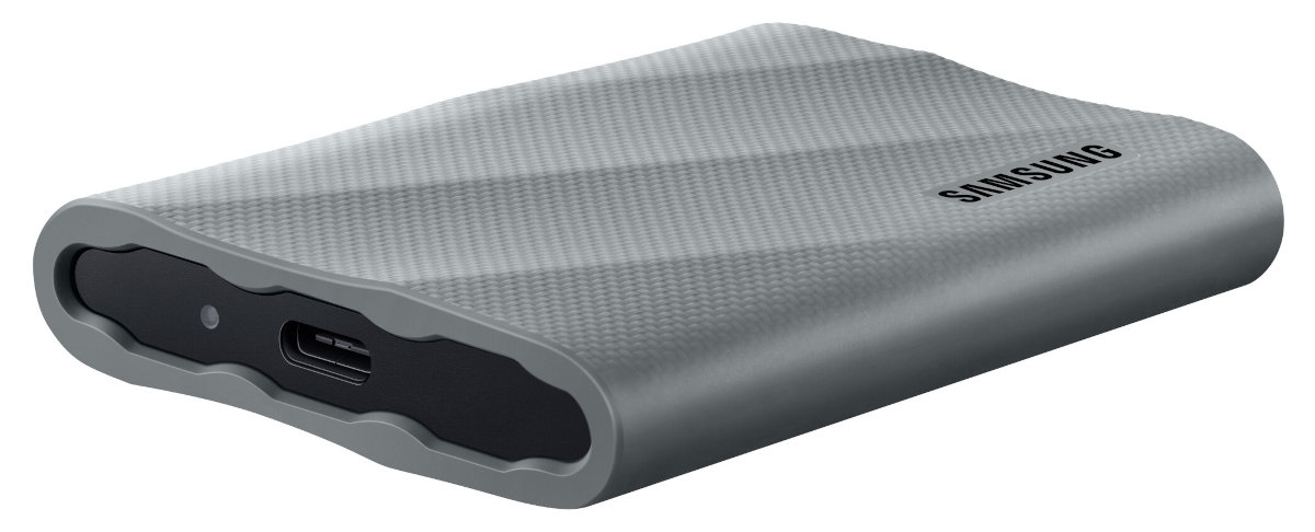 Szary, teksturowany zewnętrzny dysk twardy Samsung z portem USB-C.