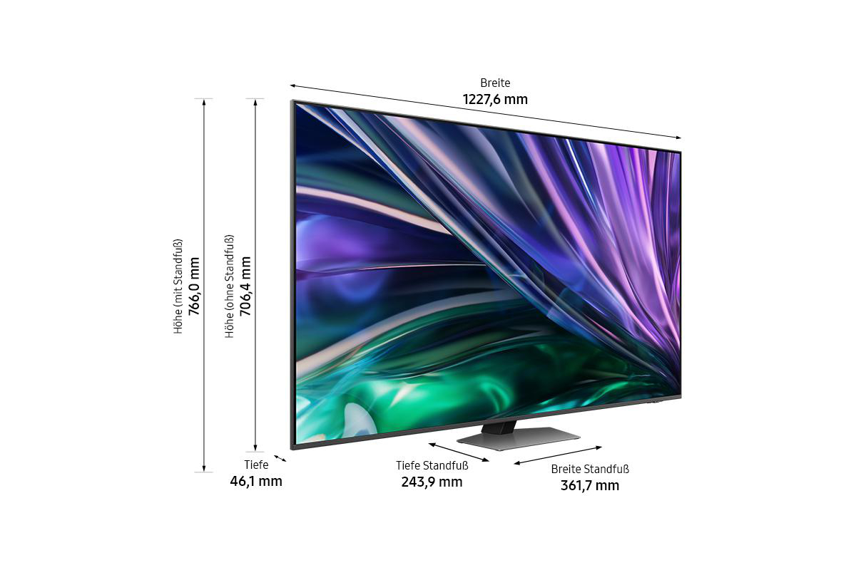 TV mit Abmessungen. Grauer Standfuß. Lila, weißer und schwarzer Farbverlauf.