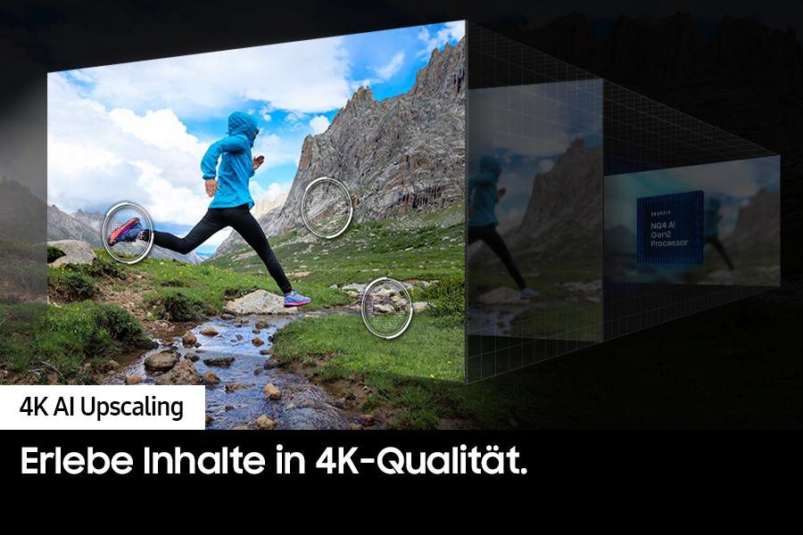 Bild einer Person, die durch eine Landschaft läuft, mit Text, der 4K AI Upscaling angibt.