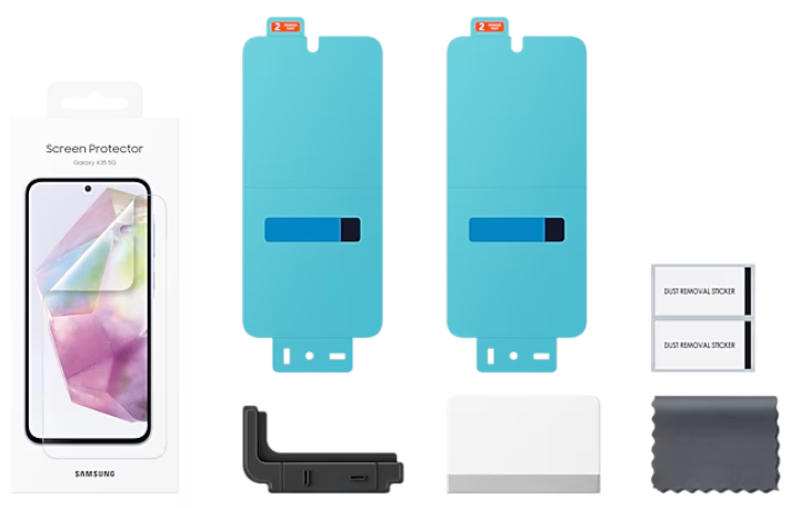 Zestaw ochronny ekranu Samsung, z ochraniaczem, narzędziami do aplikacji i środkami czyszczącymi.
