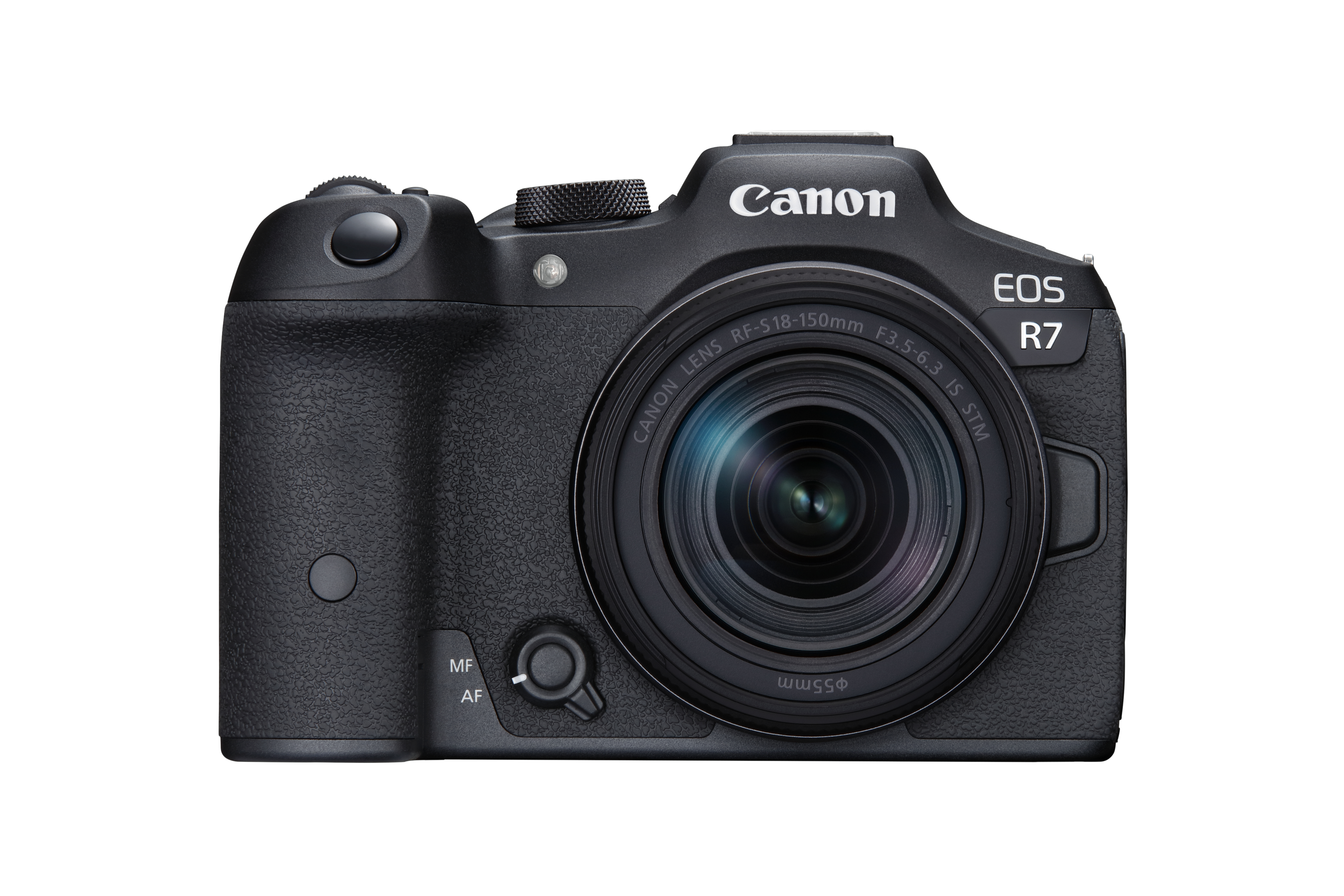Eine schwarze Canon EOS R7 Kamera mit Objektiv, isoliert auf Weiß.