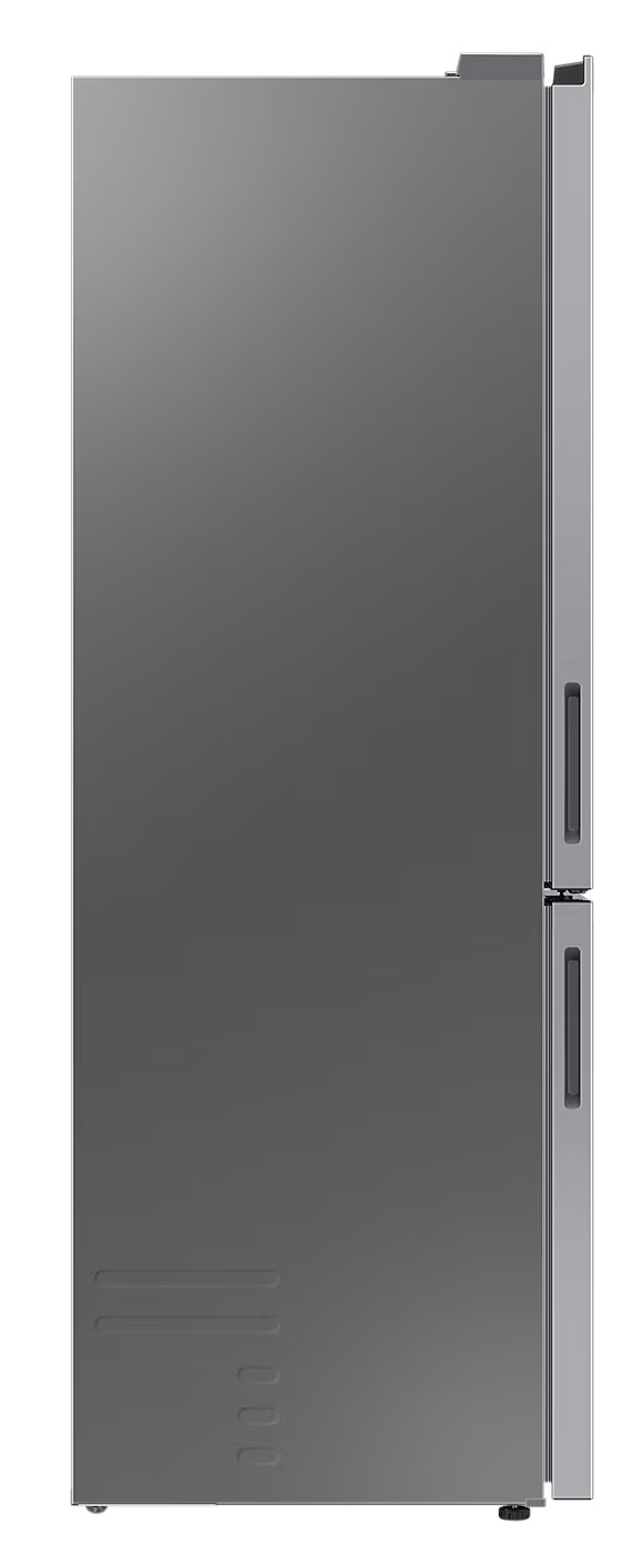 Widok z boku wysokiej lodówki. Głównie szara ze srebrnymi akcentami. Uchwyty po prawej stronie.