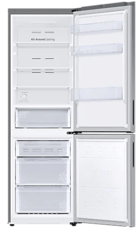 Otwarta srebrna lodówka pokazująca wewnętrzne przegrody, półki, szuflady i obszary przechowywania.