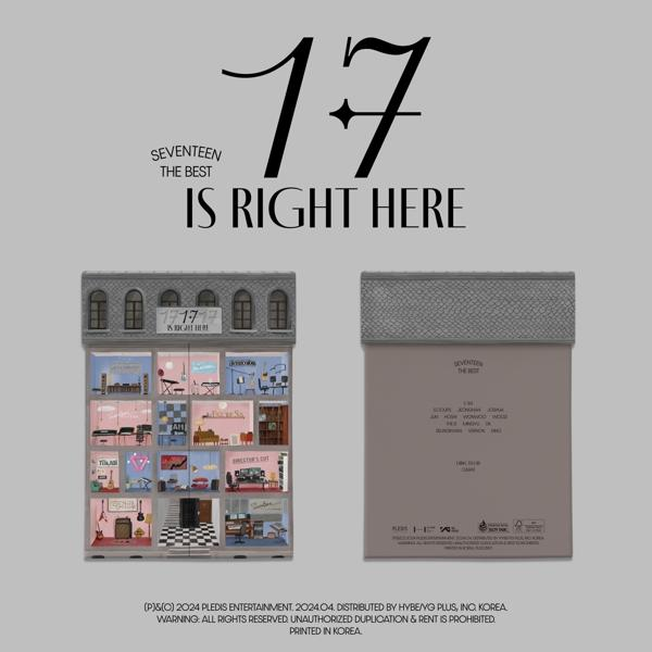 Albumcover, ein Gebäude-förmige Box mit verschiedenen Räumen und Text: "SEVENTEEN THE BEST IS RIGHT HERE".