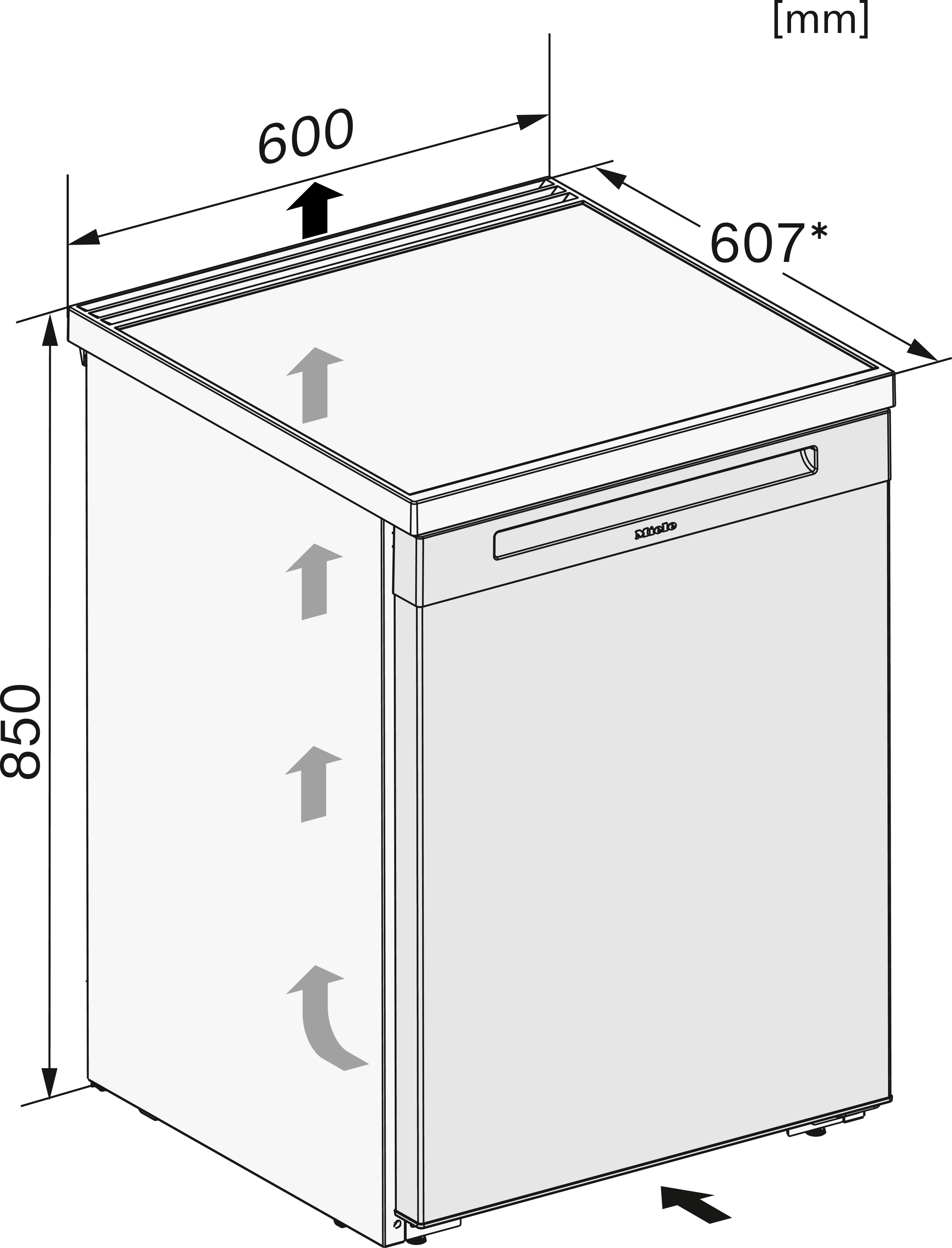 Diagramm eines Miele-Geschirrspülers mit Abmessungen und Maßen in Millimetern.