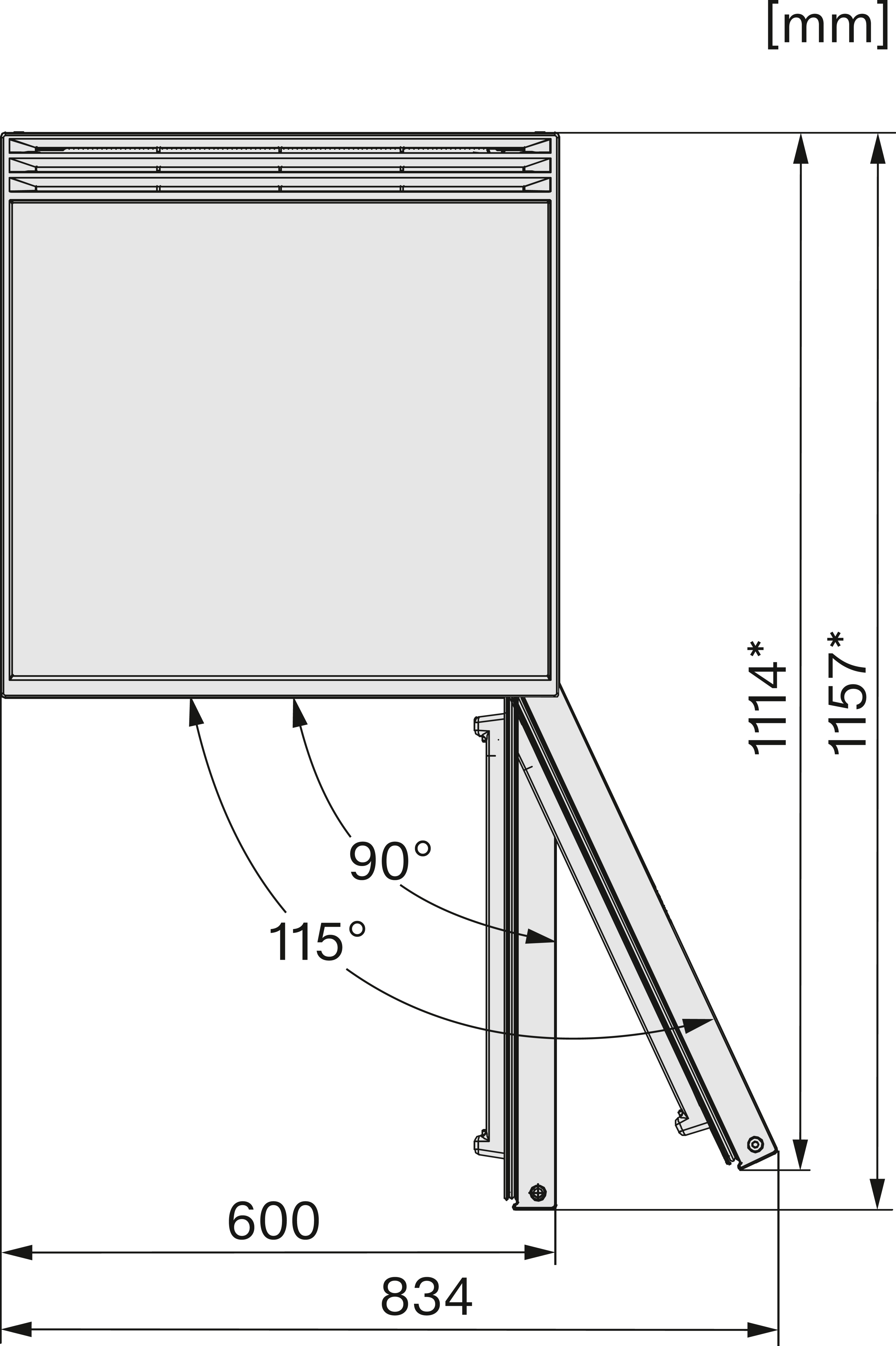 Diagramm eines Klapptisches, das Maße und Winkel für den Klappmechanismus zeigt. Grauer Hintergrund.