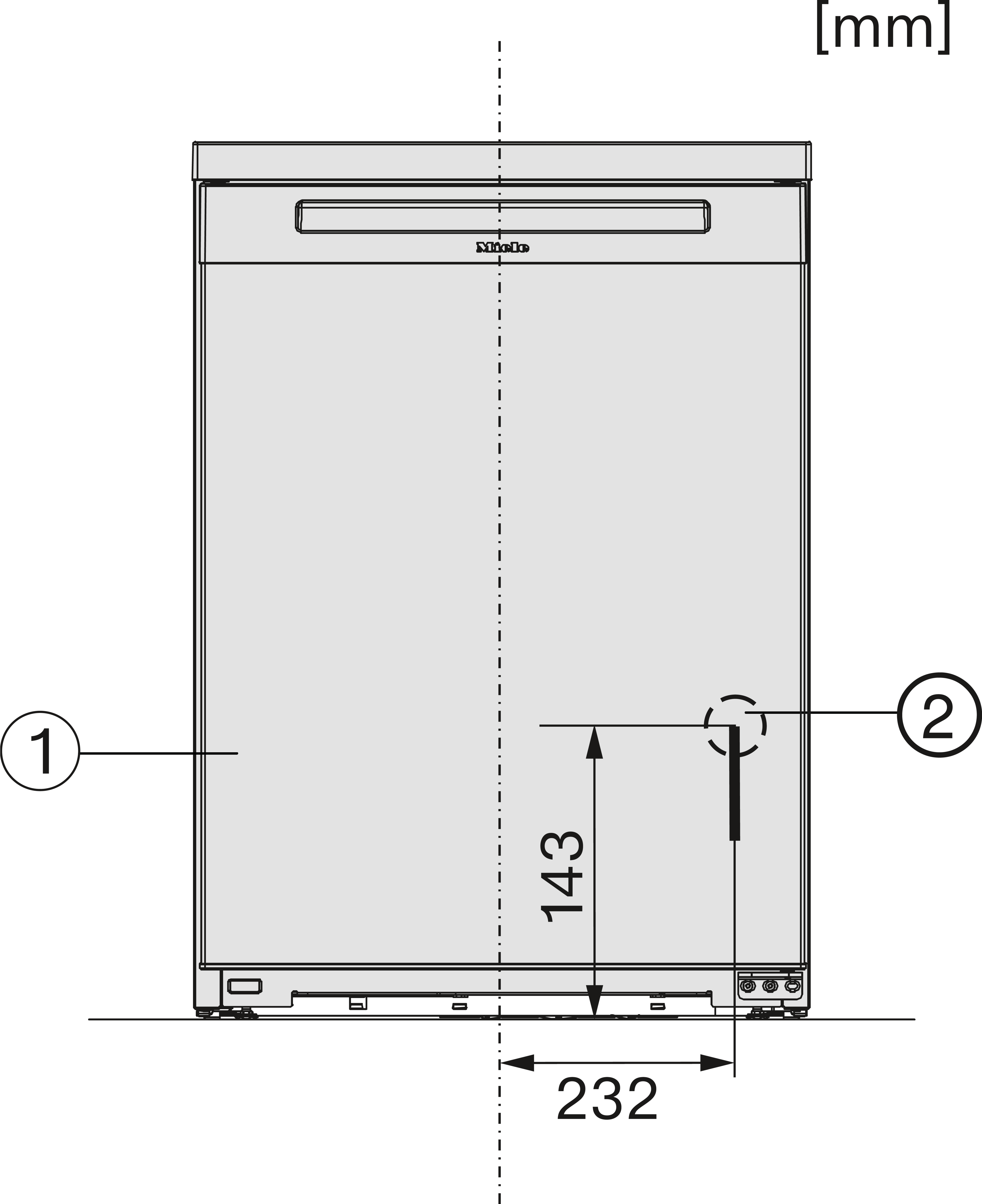 Diagramm eines weißen Geschirrspülers mit den Maßen 143 mm und 232 mm.