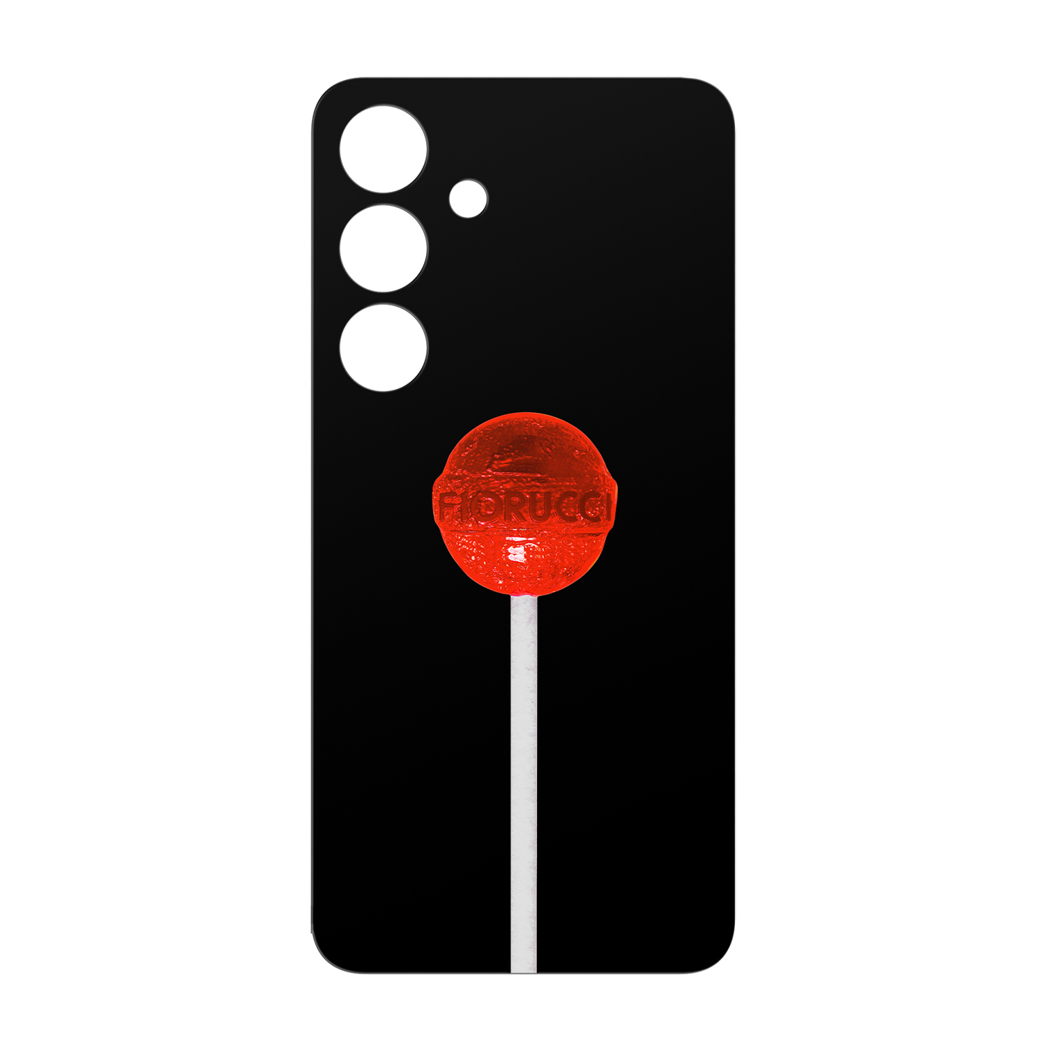 Custodia per telefono nera con lecca lecca rosso su bastoncino bianco. La parola FIORUCCI sulla lecca lecca.