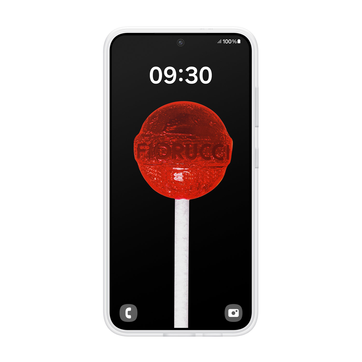 Uno smartphone bianco mostra un lecca-lecca rosso su sfondo nero, con l'ora.