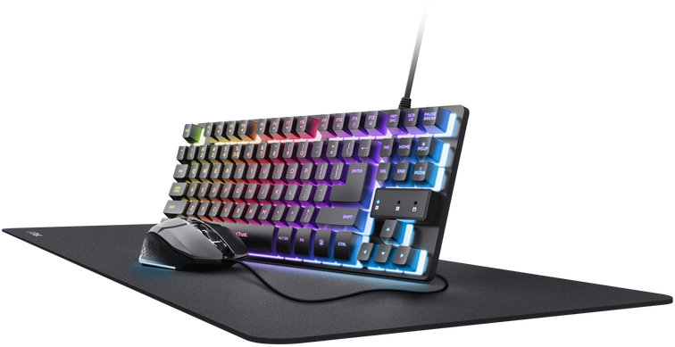 Eine Gaming-Tastatur und -Maus auf einem schwarzen Mauspad mit bunten Lichtern.