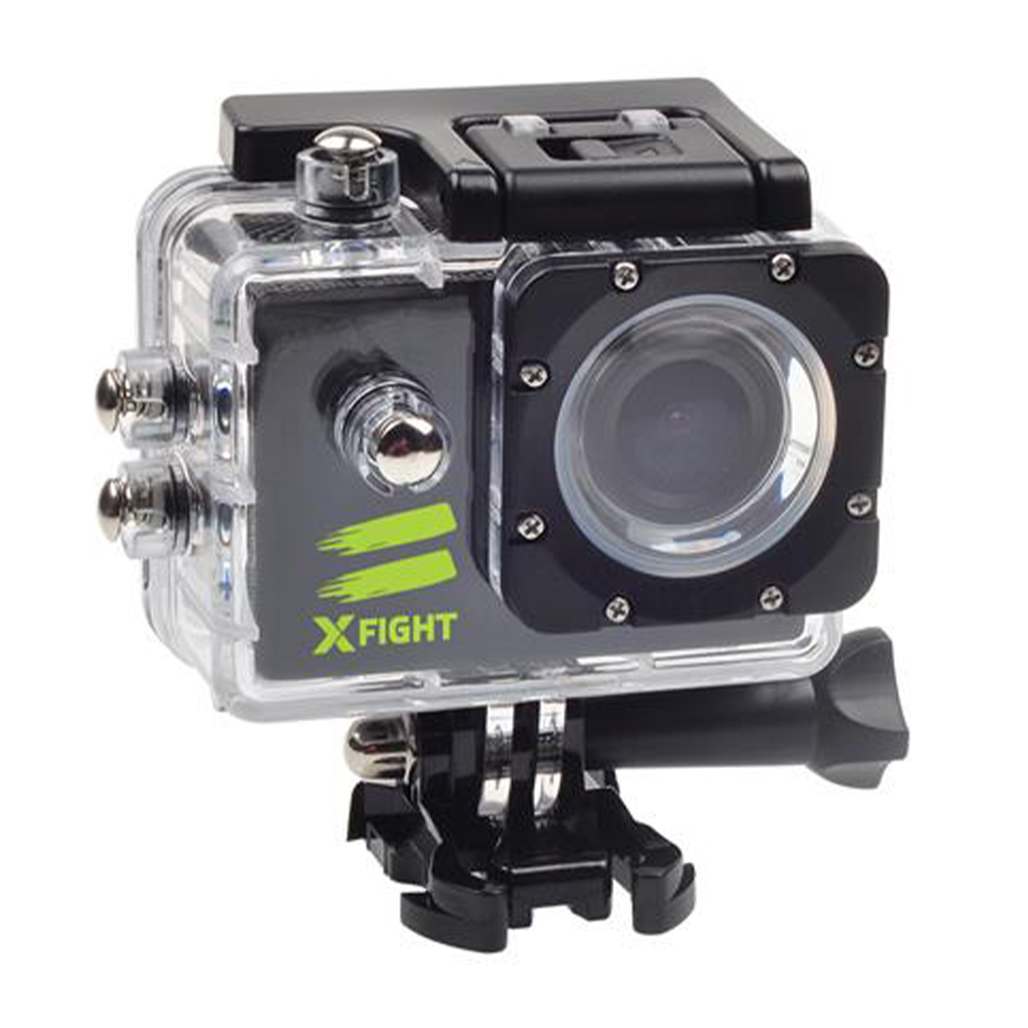 Una action cam nera con custodia trasparente, obiettivo e 'XFIGHT' in testo verde. Montata su un treppiede.