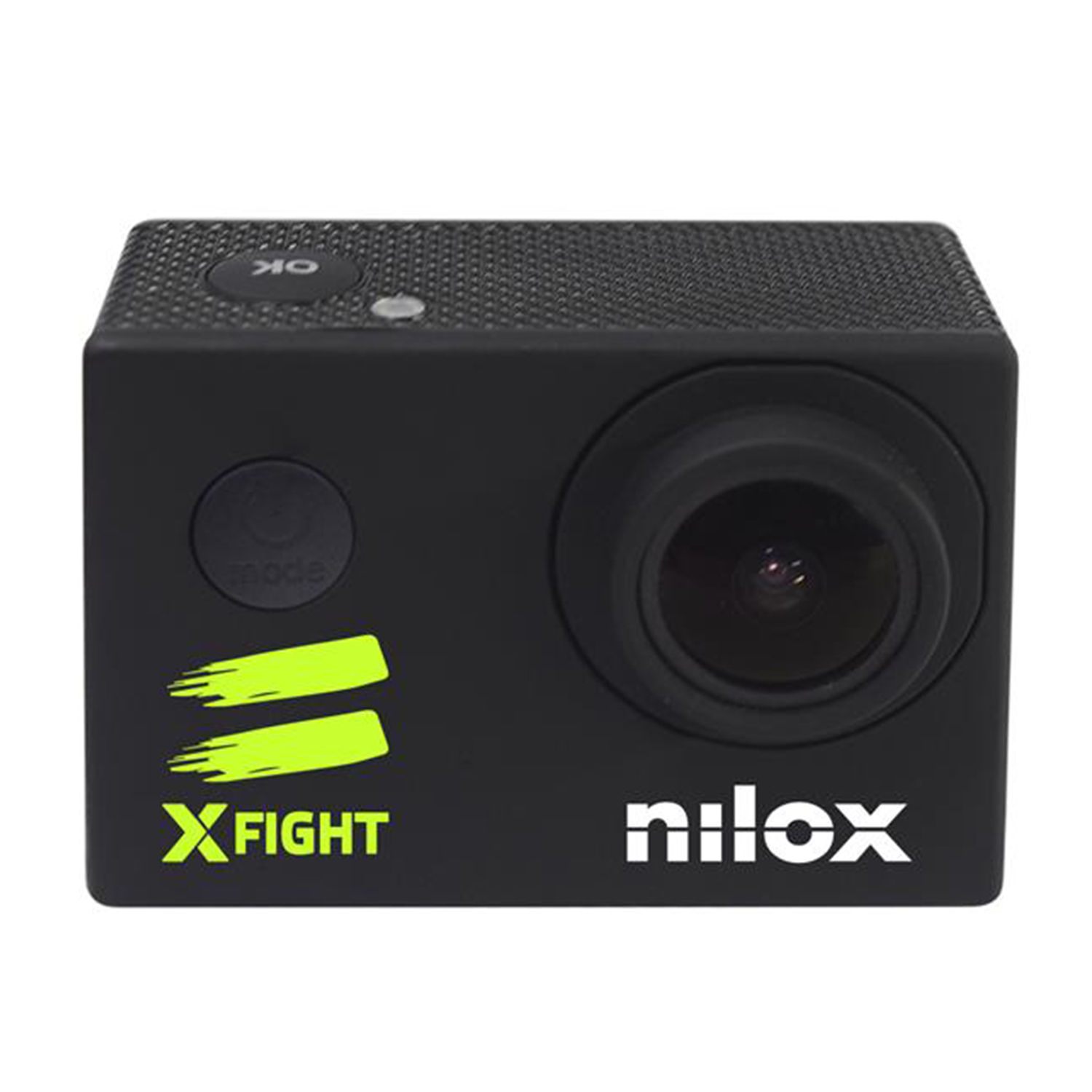 Videocamera d'azione nera con pulsanti, la parola XFIGHT e il logo nilox.