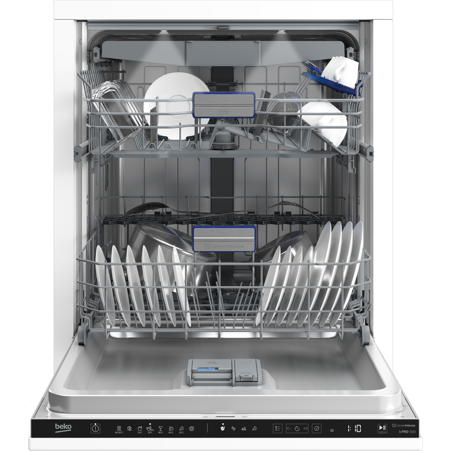 Open dishwasher with dishes. Two racks with plates, glasses, and utensils. White interior.