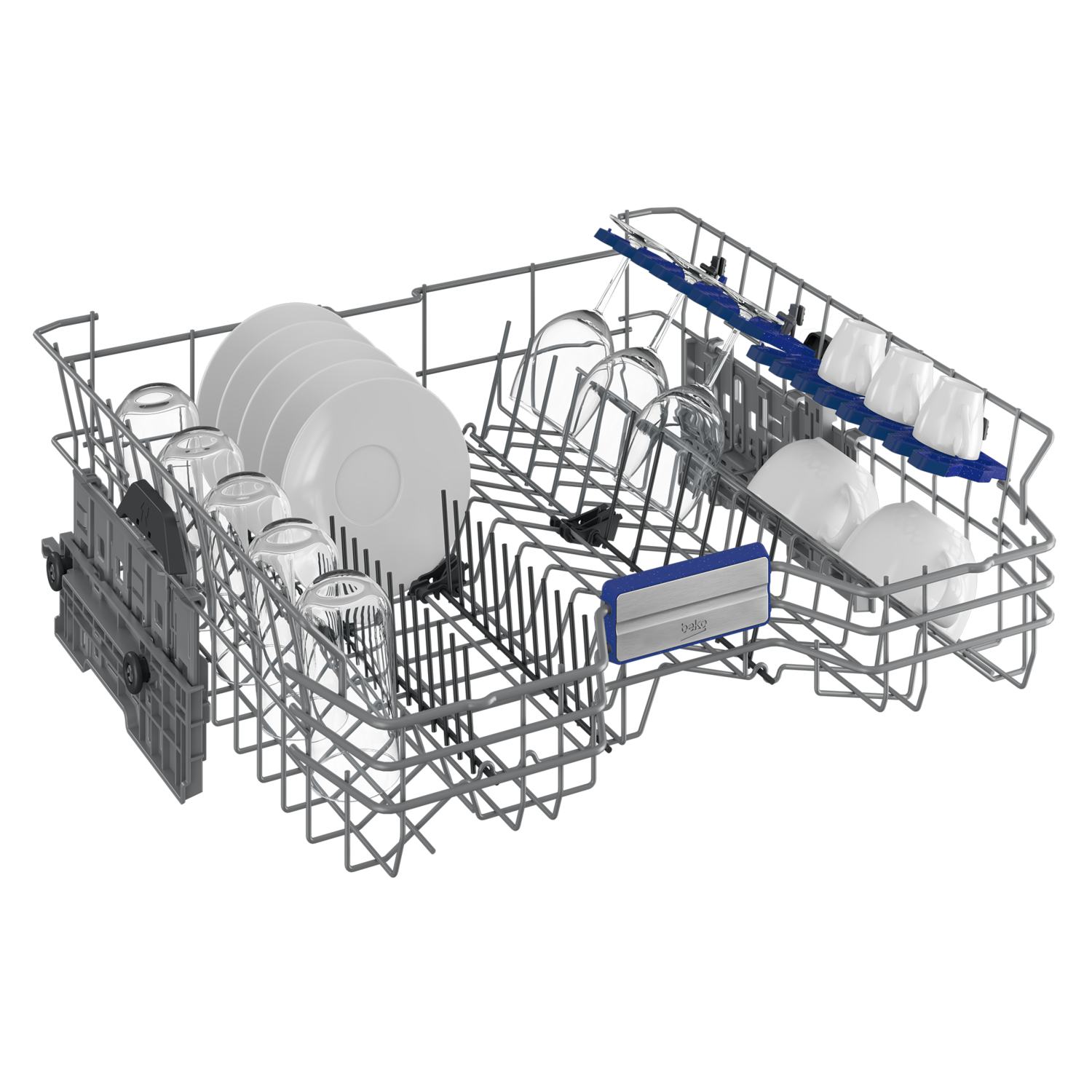 A dishwasher's interior showing racks, glasses, plates, and other items.