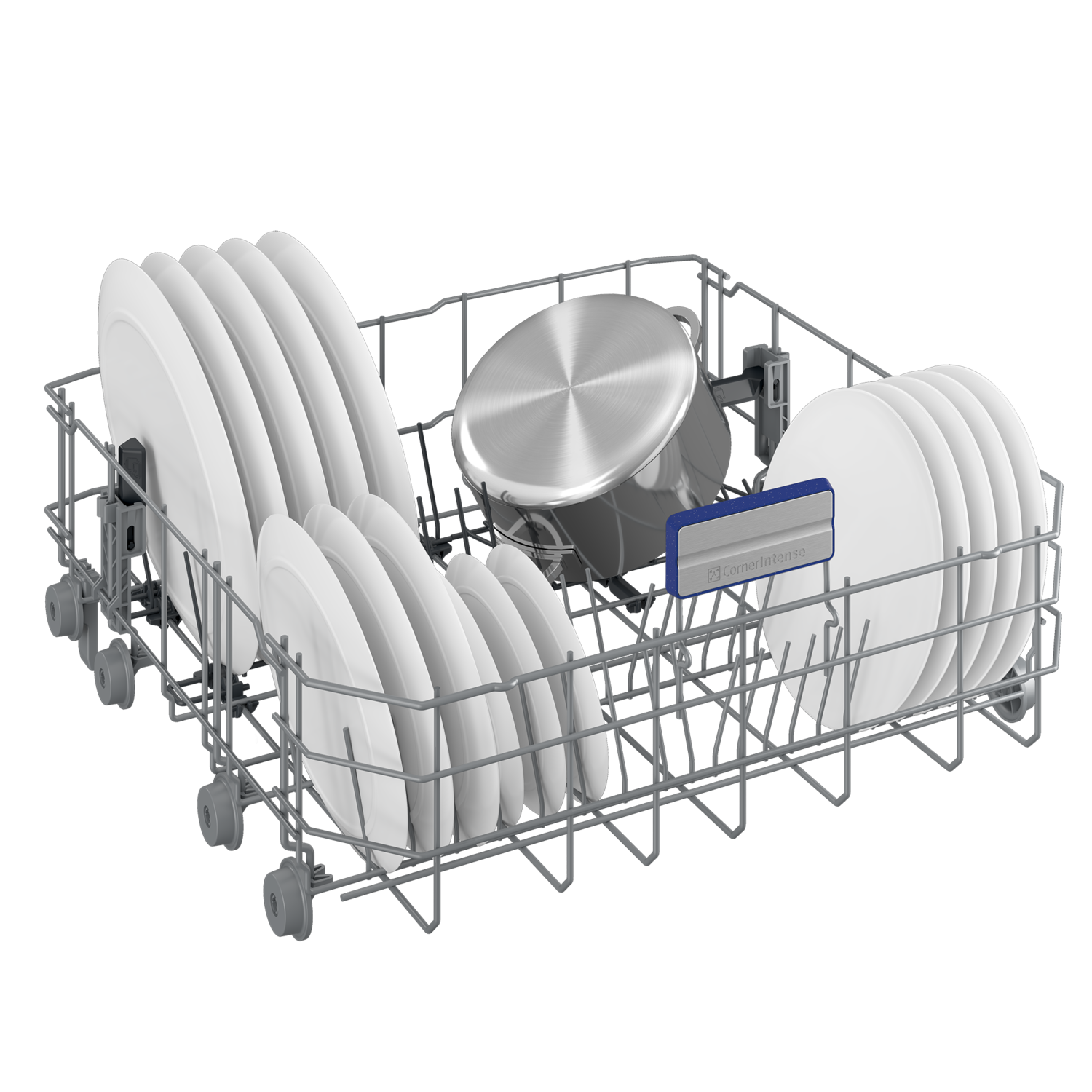 Dishwasher rack filled with white plates, a pot, and utensil holders.