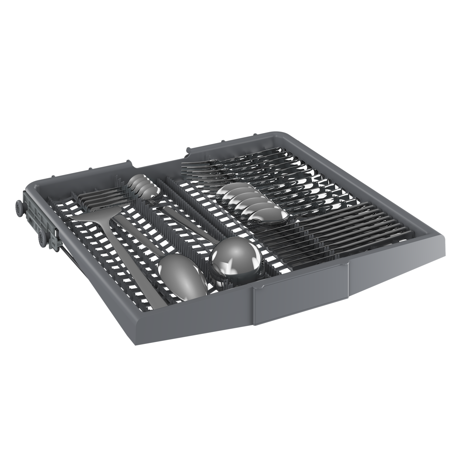 Dishwasher cutlery tray with various silverware, neatly arranged against a black background.
