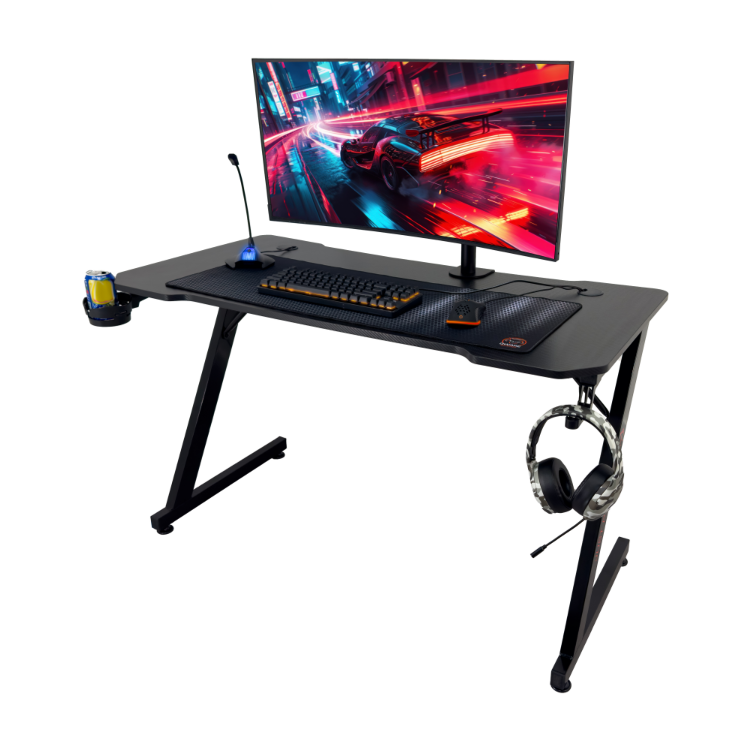Zwart gaming bureau met monitor, headset en accessoires. Z-vormige poten, witte achtergrond.
