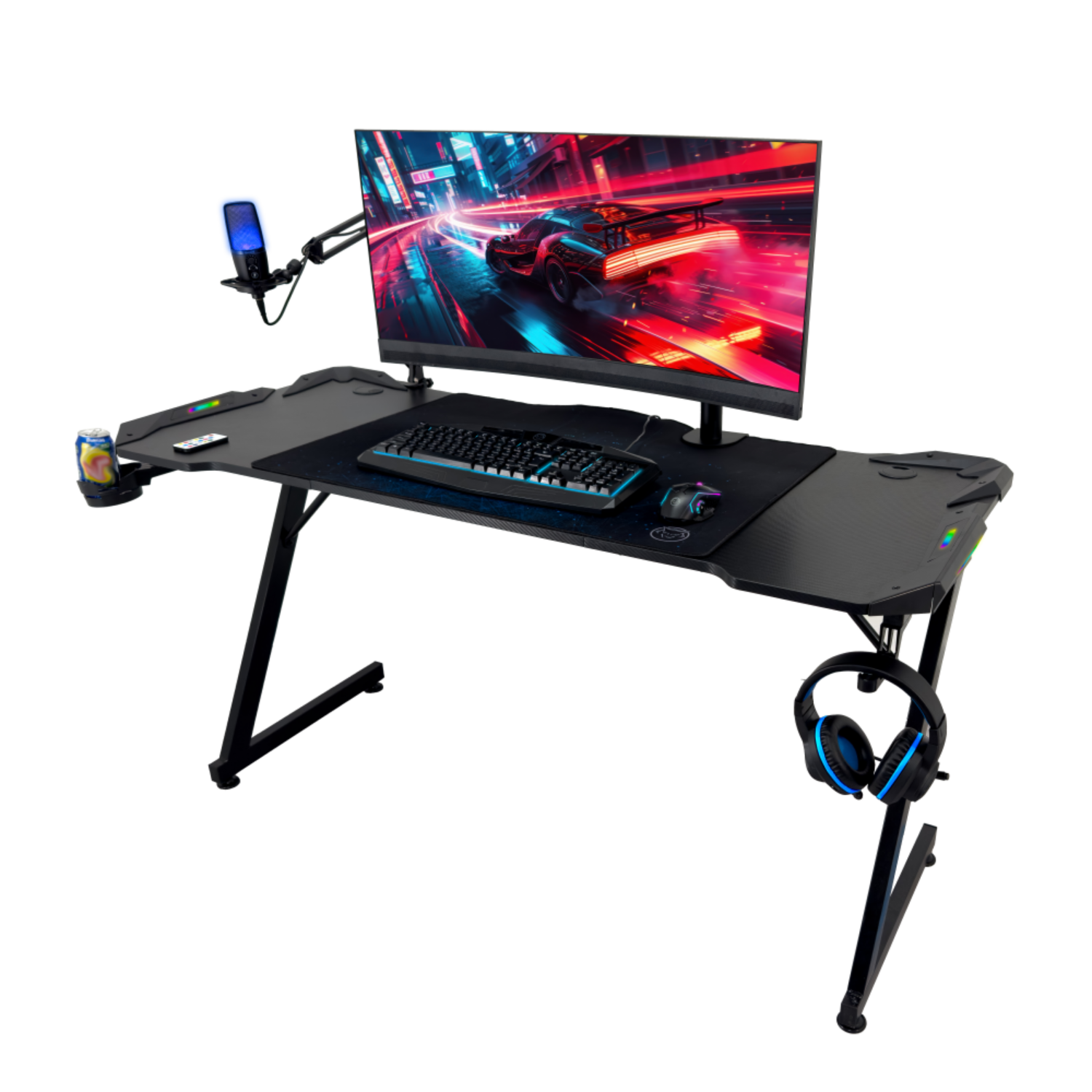 Gamingbureau met monitor, toetsenbord, muis, headset en een blikje frisdrank.