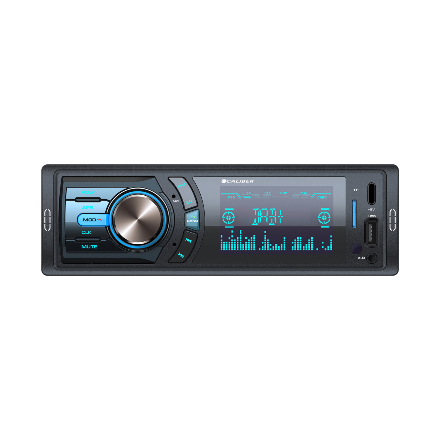 Een autoradio met een scherm en knoppen. Zwart met blauwe accenten.