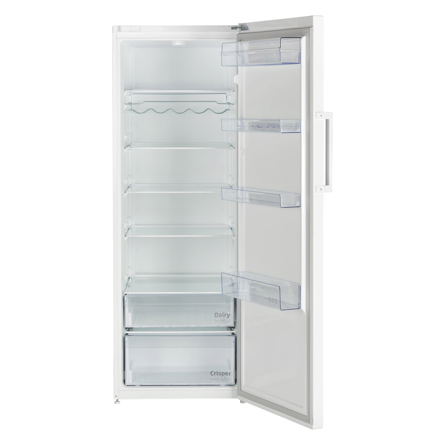 A white refrigerator with an open door revealing shelves and drawers.