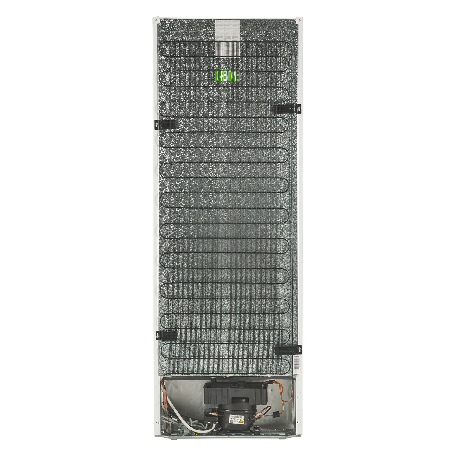 Back of a refrigerator. Shows the cooling elements and components, with a silver exterior.