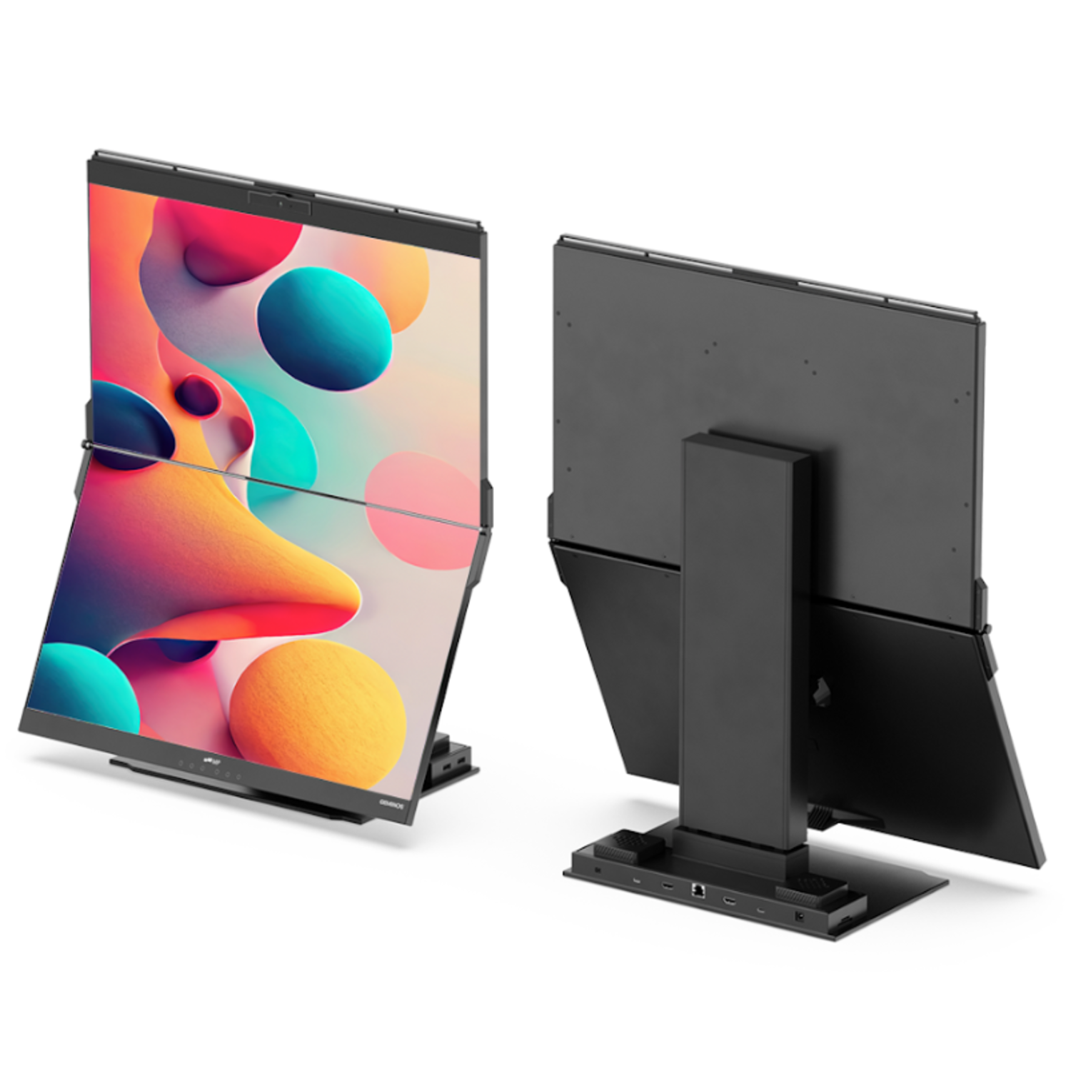 A modern folding screen monitor in two angles, showing vibrant abstract art.